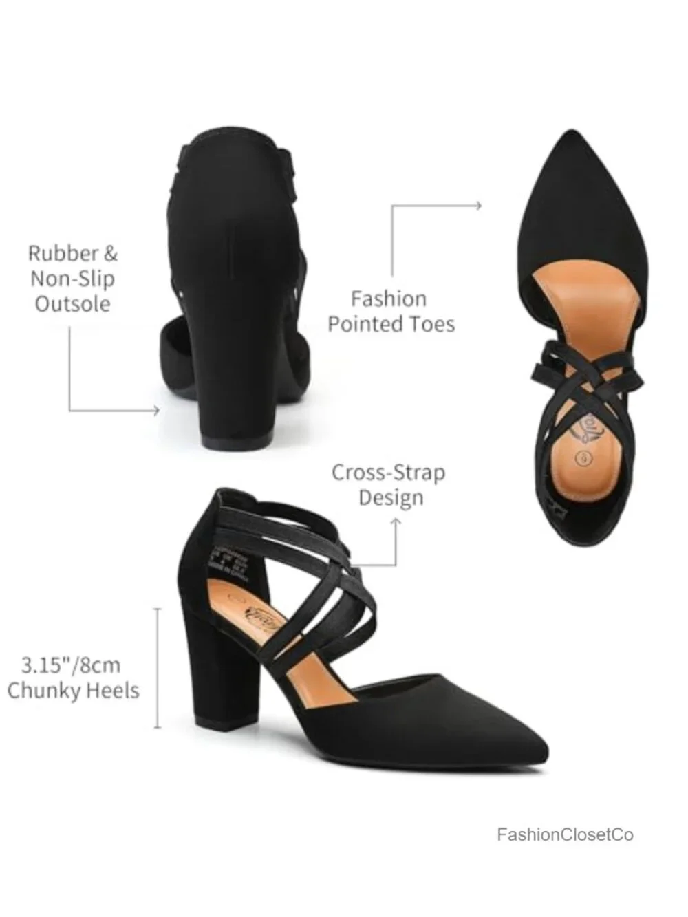 Women's Chunky Block Heel Pumps Pointed Toe Crisscross Strappy Suede Dress